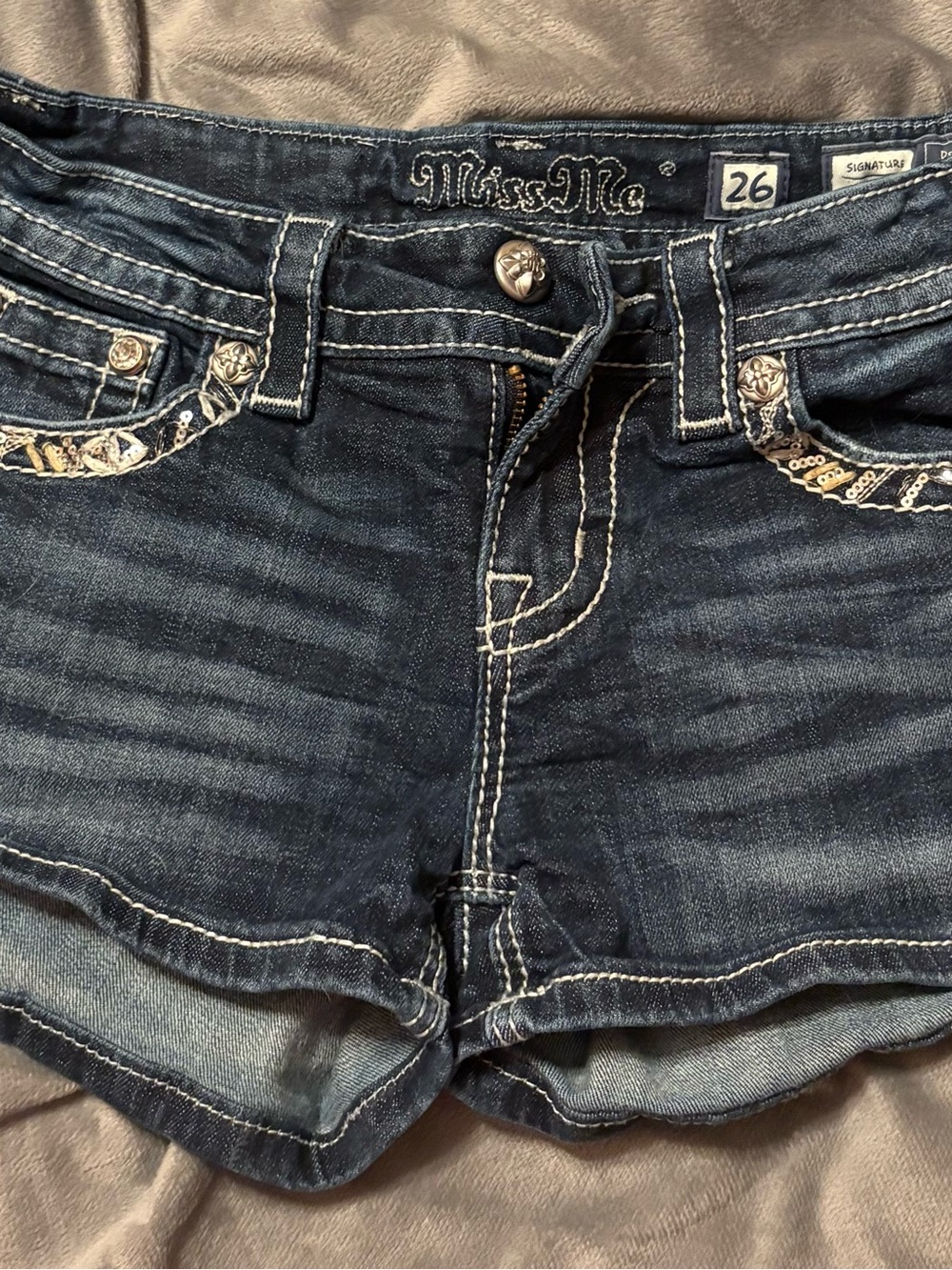 Miss Me Indigo Denim Shorts with Sequin Detail